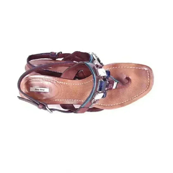 Miu Miu Thong Sandal Brown Women's 8 Leather Embellished Block Heel Italy 38.5 - Picture 7 of 8